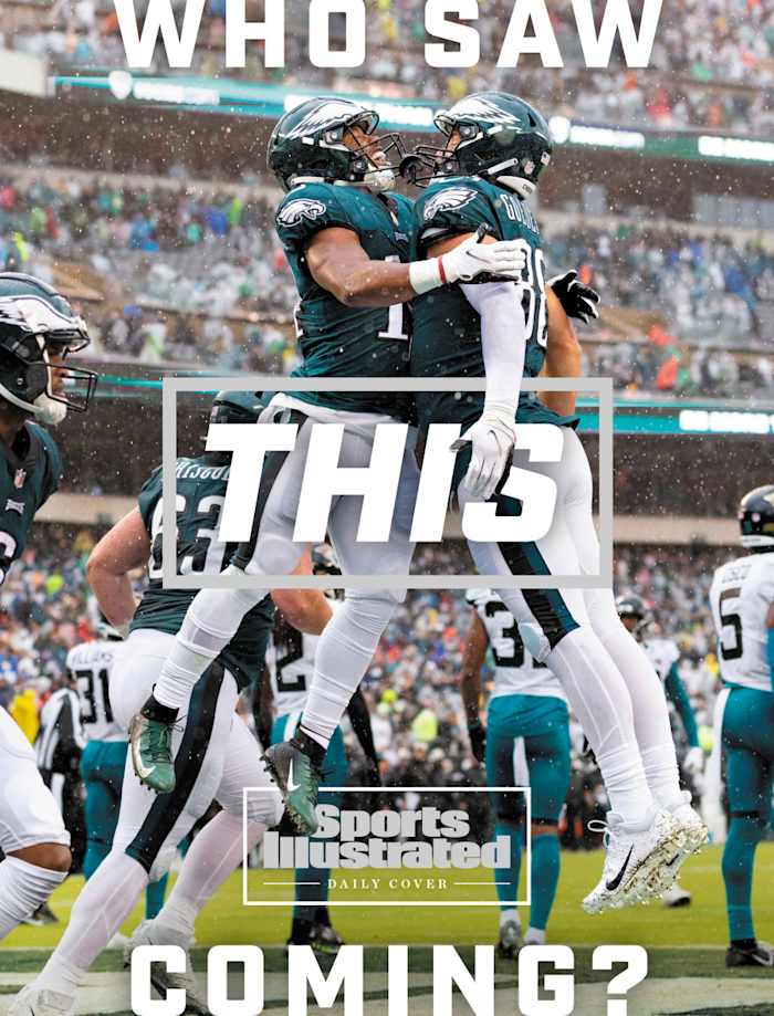 Kenneth Gainwell and Dallas Goedert celebrate a touchdown against the Jaguars